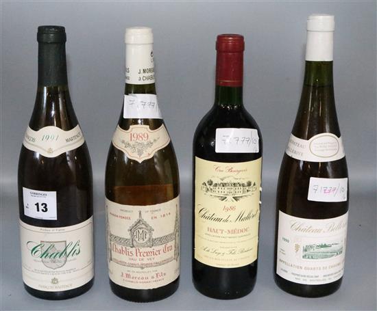 Bottle 1986 Chateau Malleret, Bottle 1989 Chablis, Bottle 1991 Chablis and Bottle 1990 Chateau Bellerive(-)